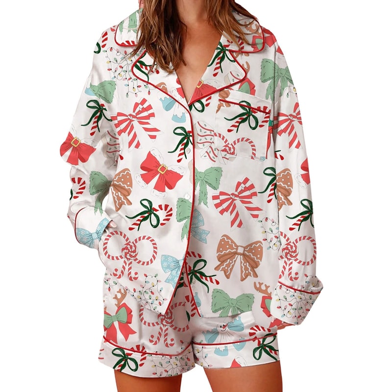 Womens Festive Holiday Bow Print Pajama Set 6