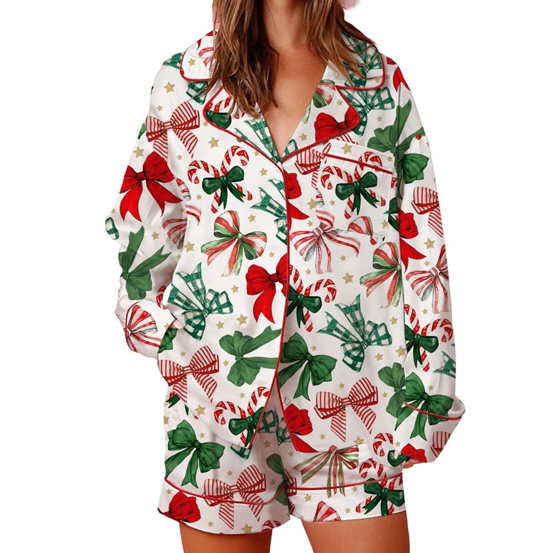 Womens Festive Holiday Bow Print Pajama Set 7