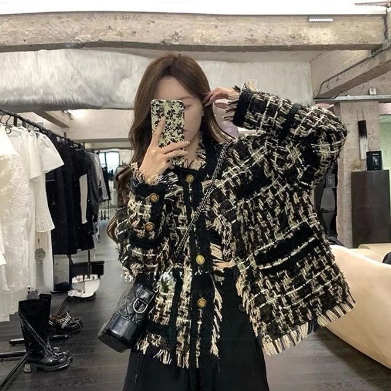 Korean Chic Tweed Tassel Jacket Plaid Spring Autumn Blazer 2
