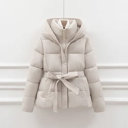 womens slimming hooded puffer jacket | belted winter cotton coat