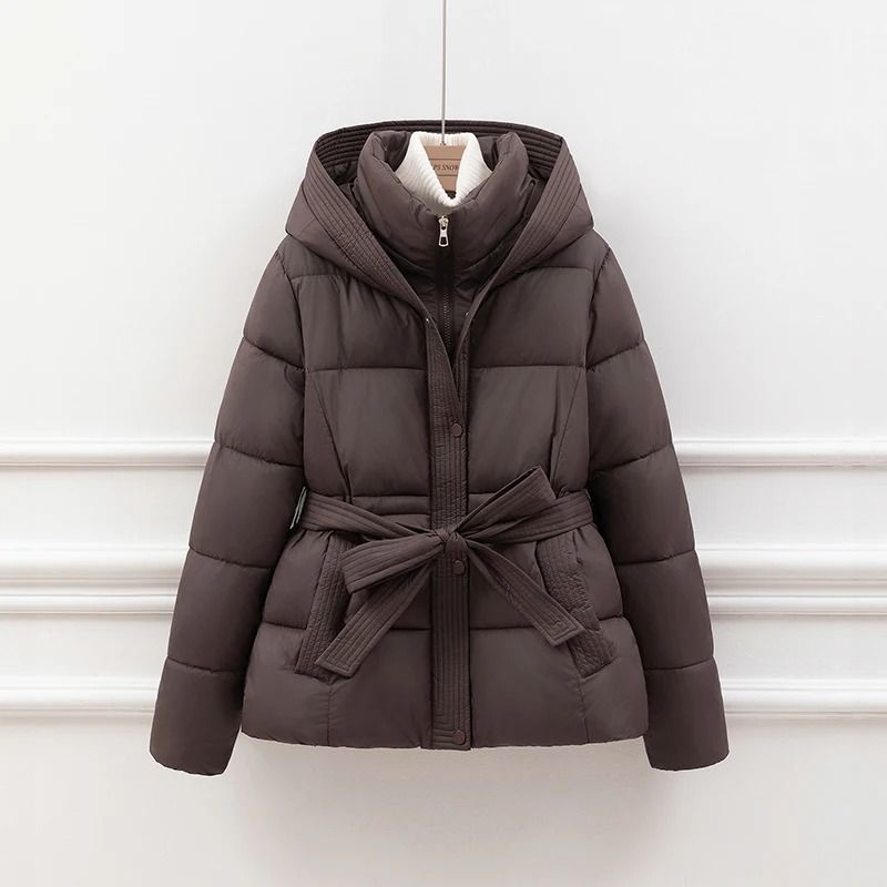 Womens Slimming Hooded Puffer Jacket Belted Winter Cotton Coat 2