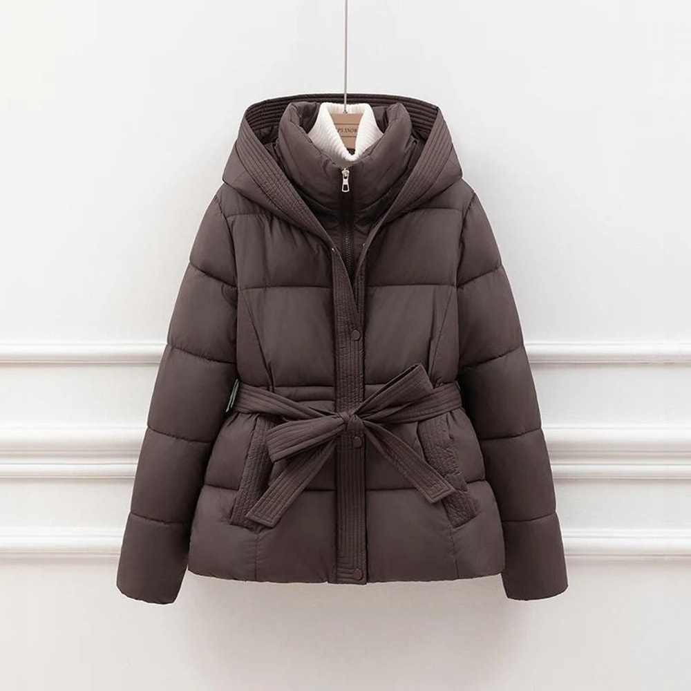 Womens Slimming Hooded Puffer Jacket Belted Winter Cotton Coat 7