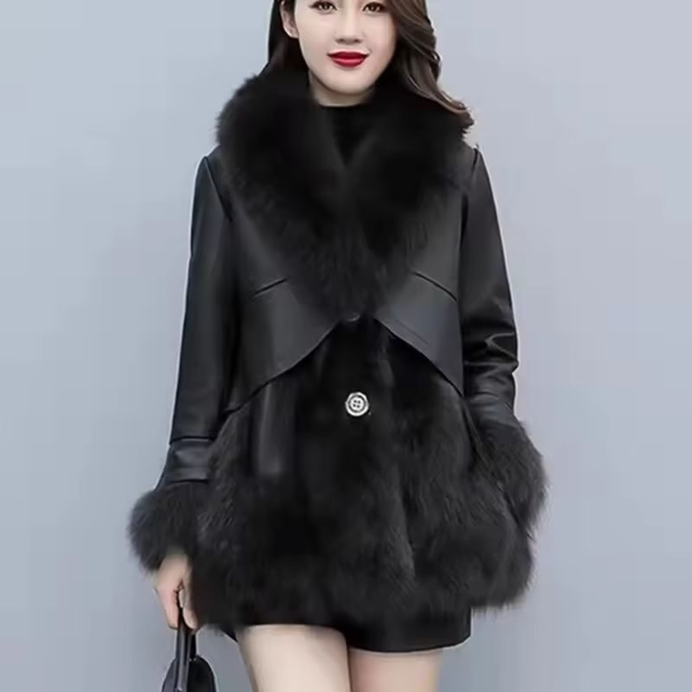 MidLong Spliced Faux Fur Jacket PU Leather Hybrid Winter Coat 0