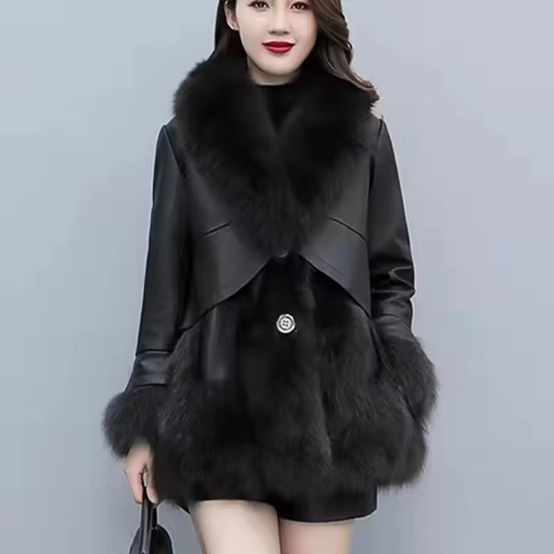 MidLong Spliced Faux Fur Jacket PU Leather Hybrid Winter Coat 0
