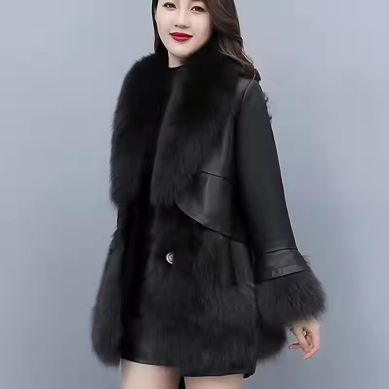 MidLong Spliced Faux Fur Jacket PU Leather Hybrid Winter Coat 5