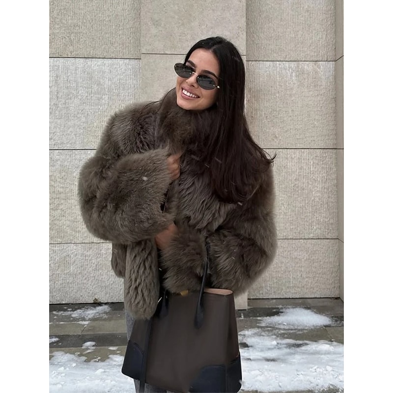 Elegant Stand Collar Faux Fur Jacket Modern High Street Loose Coat 1