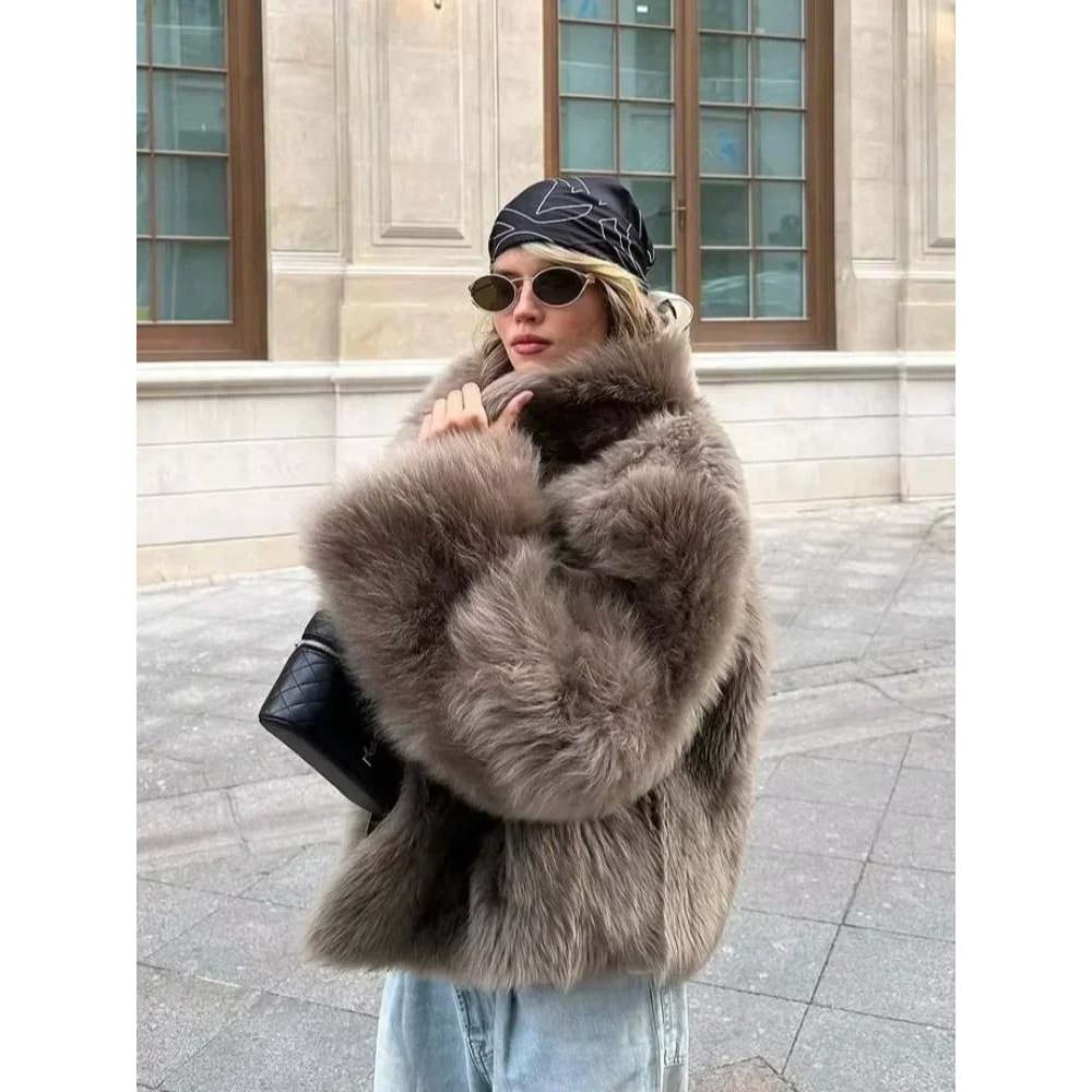 Elegant Stand Collar Faux Fur Jacket Modern High Street Loose Coat 5