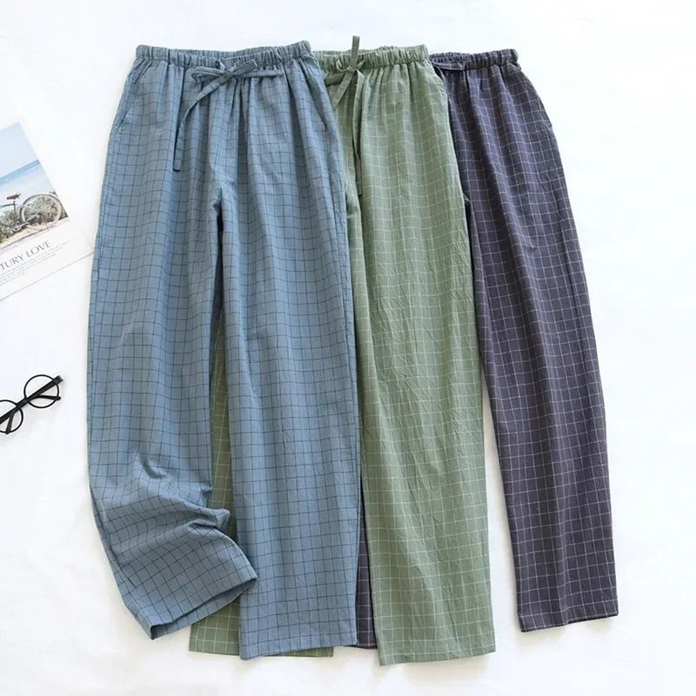 Mens Plaid Cotton Pajama Pants Breathable Summer Sleepwear 0
