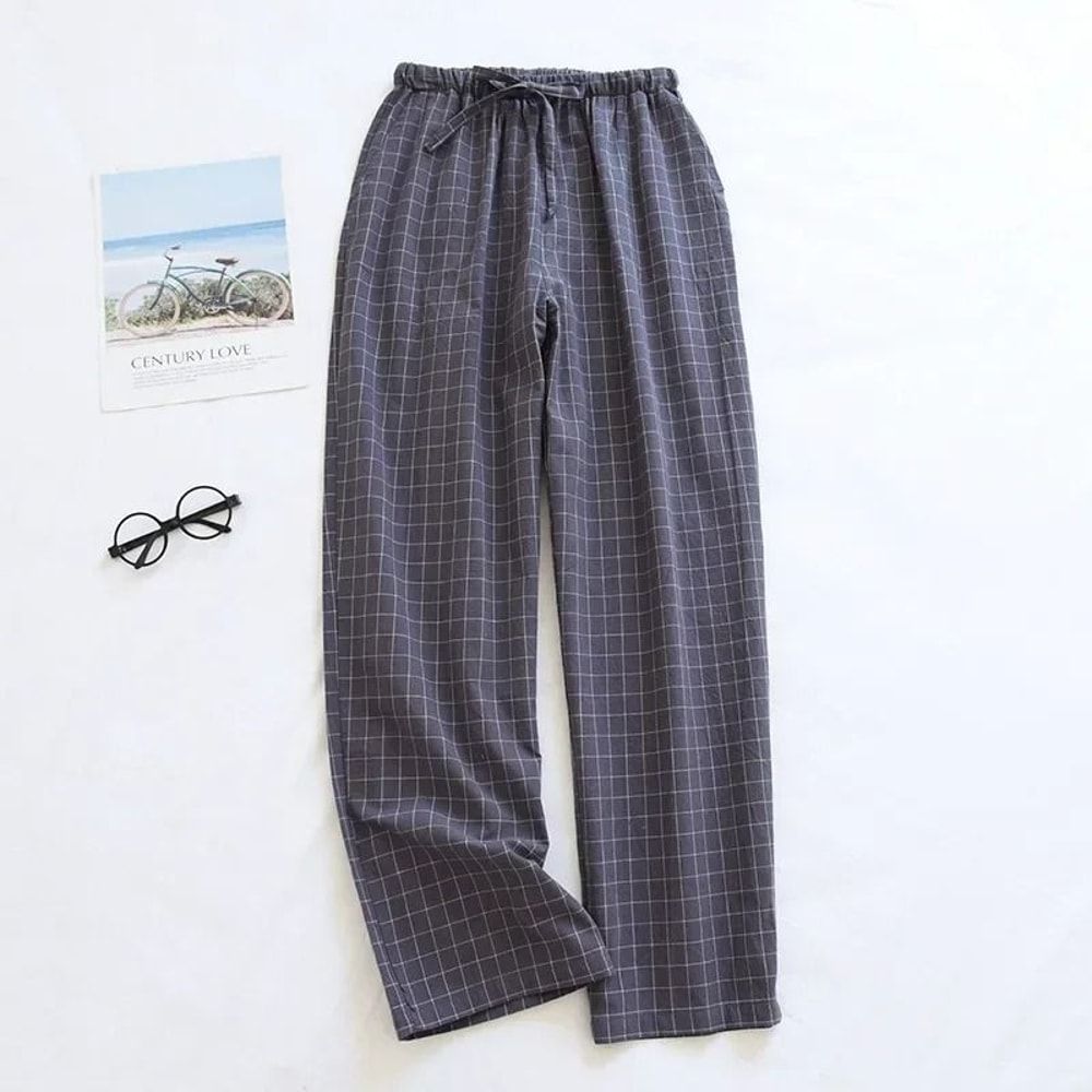 Mens Plaid Cotton Pajama Pants Breathable Summer Sleepwear 10