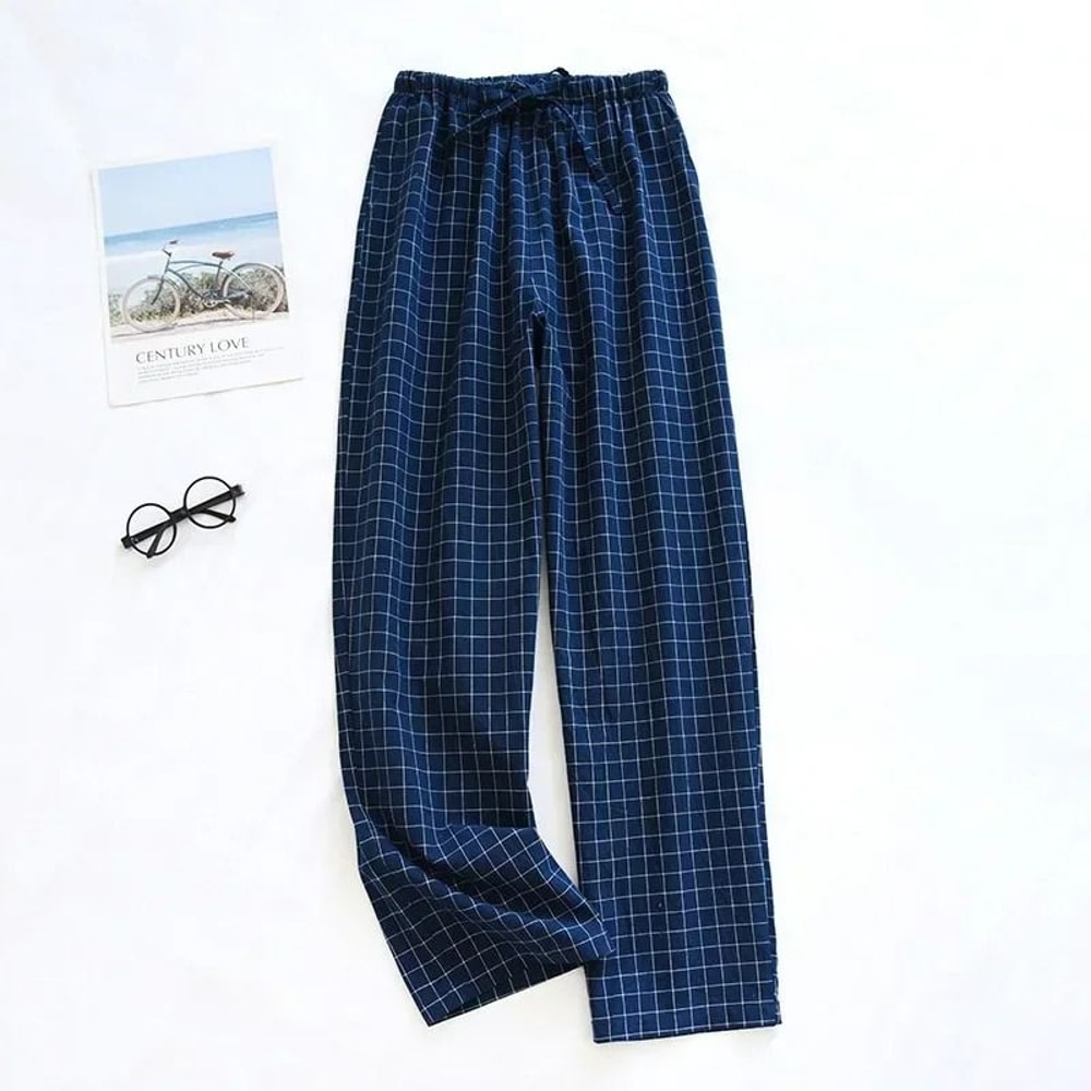Mens Plaid Cotton Pajama Pants Breathable Summer Sleepwear 2