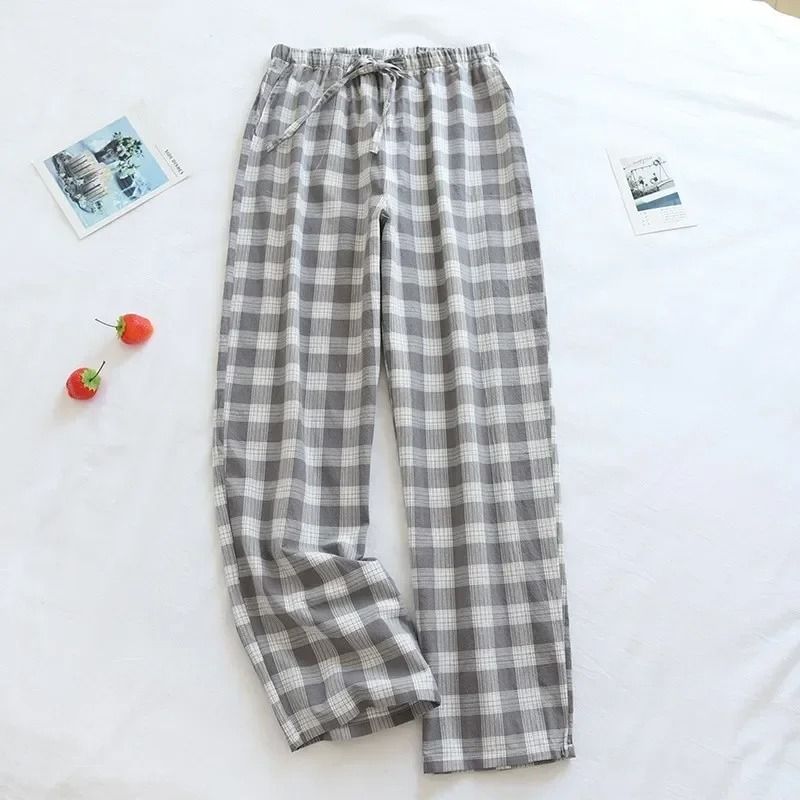 Mens Plaid Cotton Pajama Pants Breathable Summer Sleepwear 4