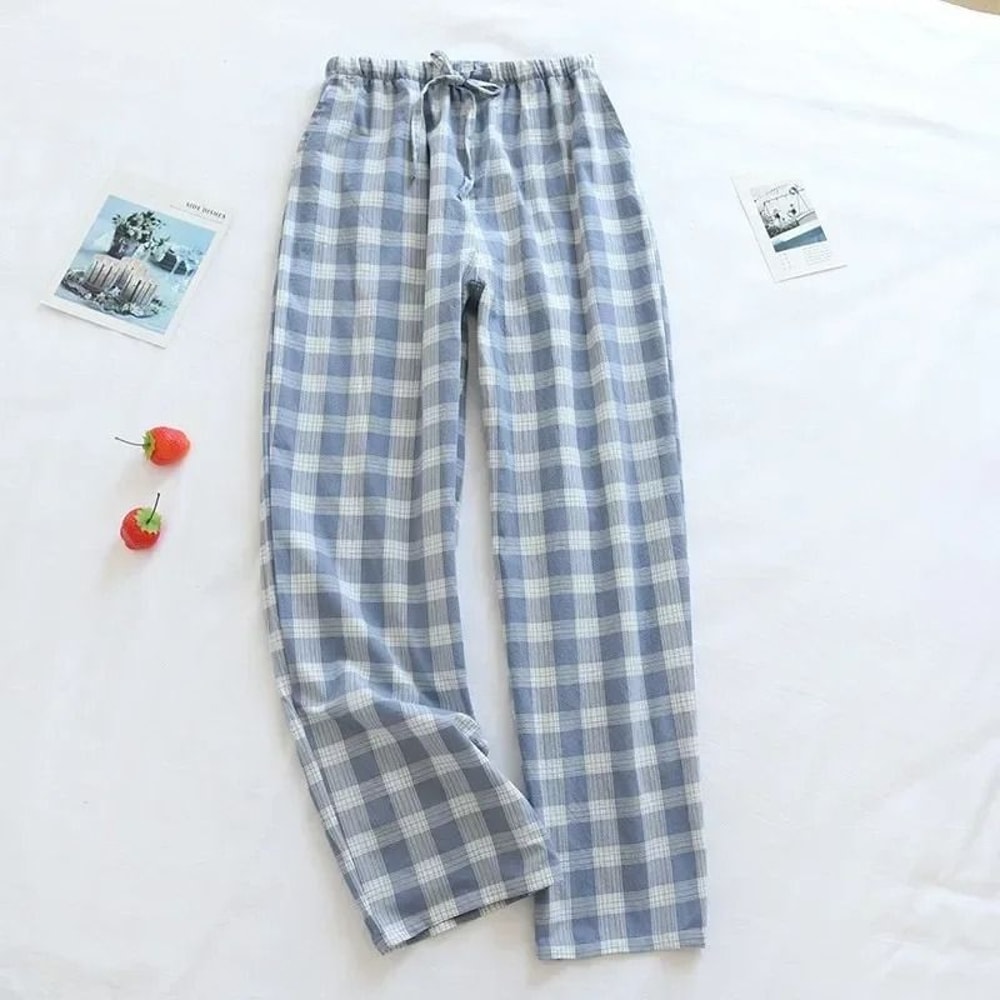 Mens Plaid Cotton Pajama Pants Breathable Summer Sleepwear 6