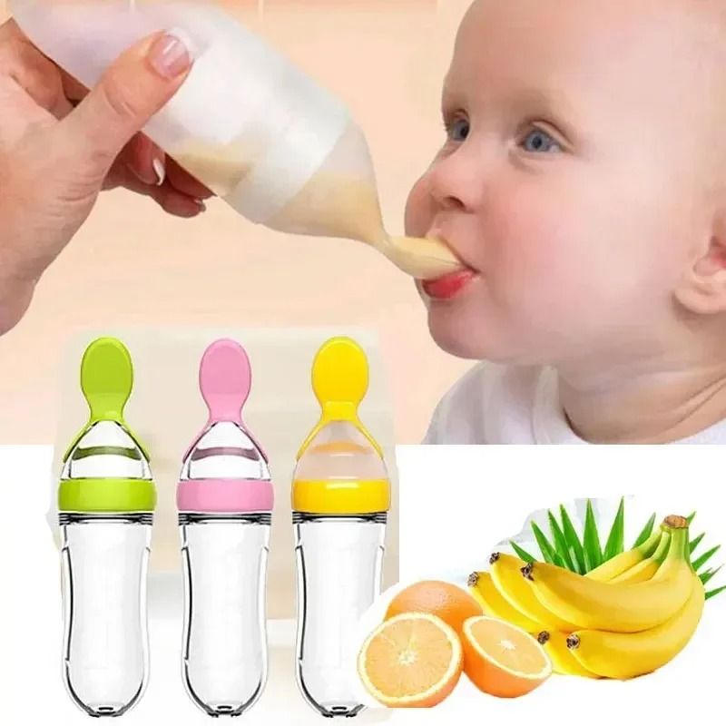 Silicone Squeeze Feeding Bottle With Integrated Supplement Spoon 2