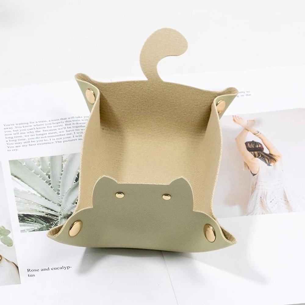 Creative CatShaped PU Leather Storage Tray And Desktop Organizer 11