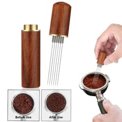 premium 6-pin espresso distribution tool with natural walnut handle