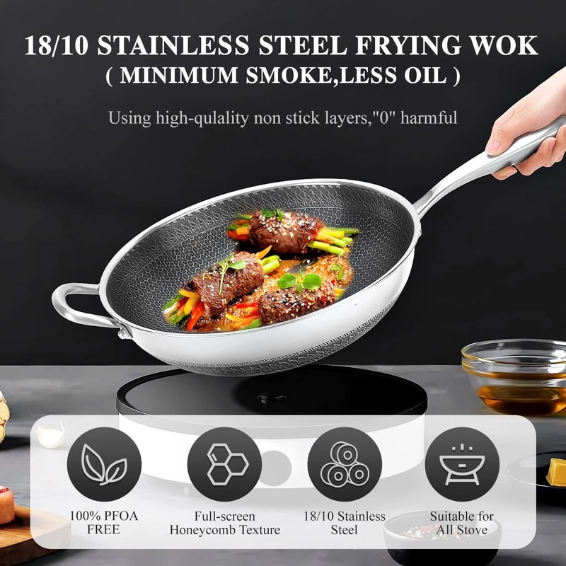 Stainless Steel Nonstick Wok With Tempered Glass Lid 2