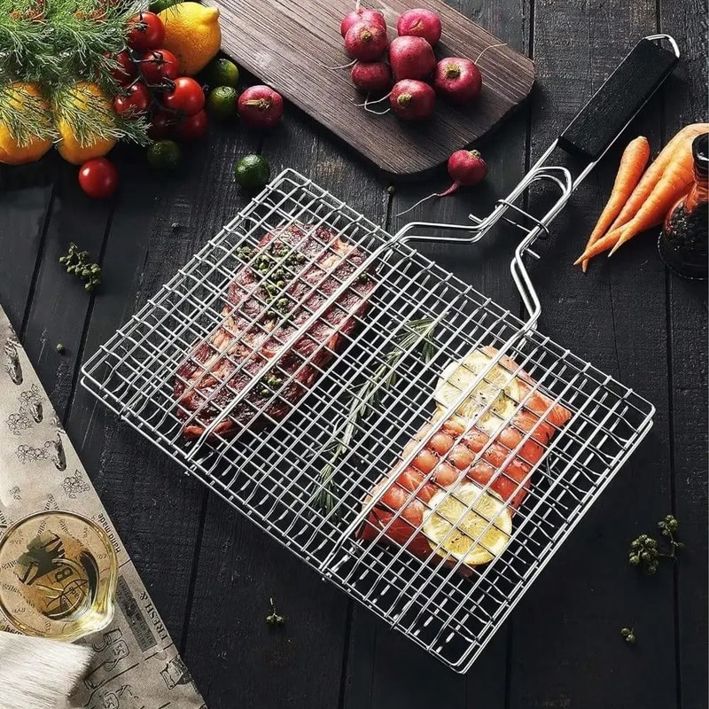Folding Stainless Steel Portable BBQ Grilling Basket With Removable Handle 1