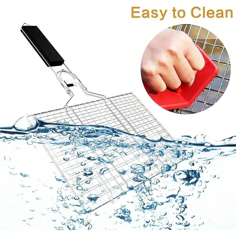 Folding Stainless Steel Portable BBQ Grilling Basket With Removable Handle 2