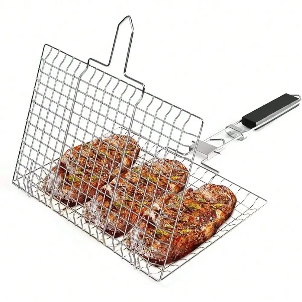 Folding Stainless Steel Portable BBQ Grilling Basket With Removable Handle 6