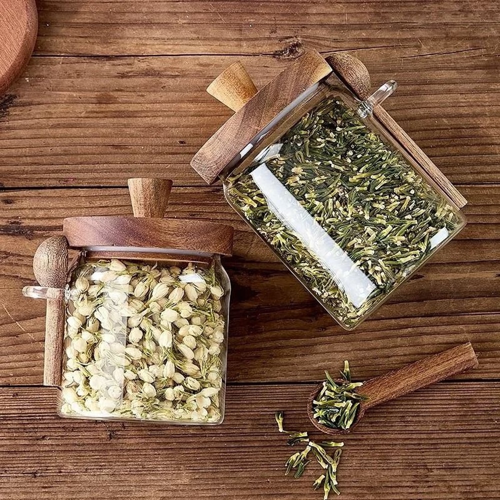 Artisan Borosilicate Glass Storage Jar With Integrated Wooden Spoon 6