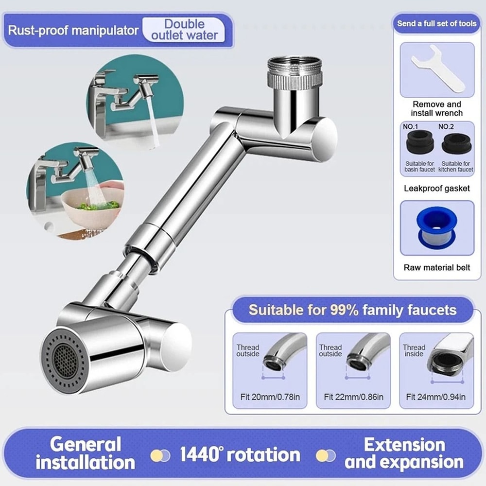 1440 Swivel Robotic Arm Faucet Aerator Retractable Universal Sink Extender 7