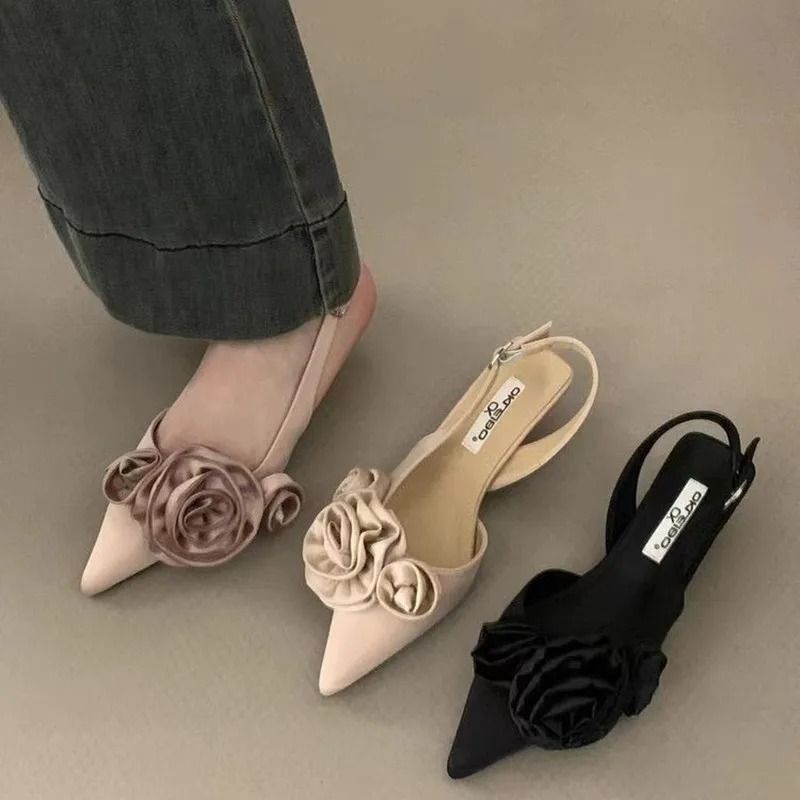 Elegant Flower Slingback Dress Mules Fashionable Low Heel Slingback Pumps 4