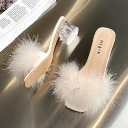 sexy faux fox fur square toe pumps – elegant chunky heel summer slippers