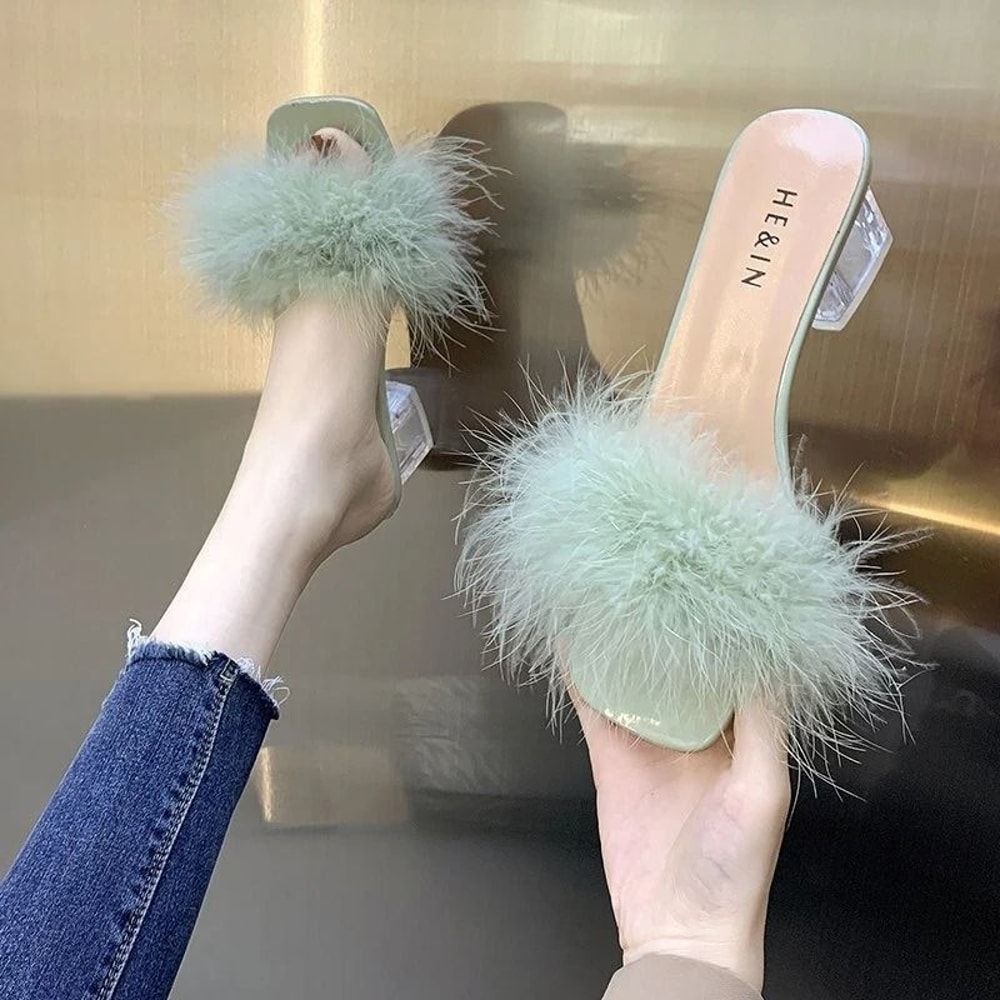 Sexy Faux Fox Fur Square Toe Pumps Elegant Chunky Heel Summer Slippers 1