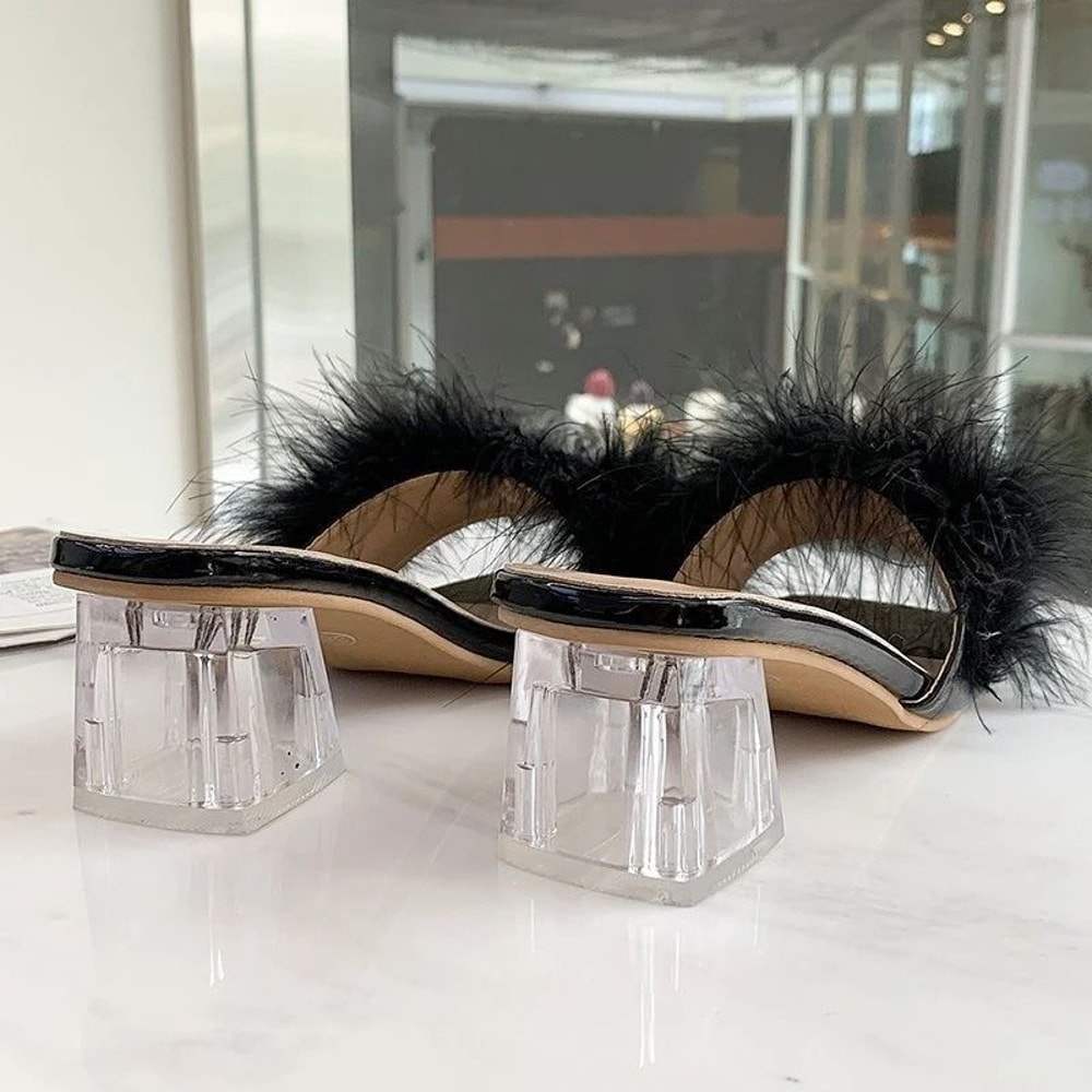 Sexy Faux Fox Fur Square Toe Pumps Elegant Chunky Heel Summer Slippers 3