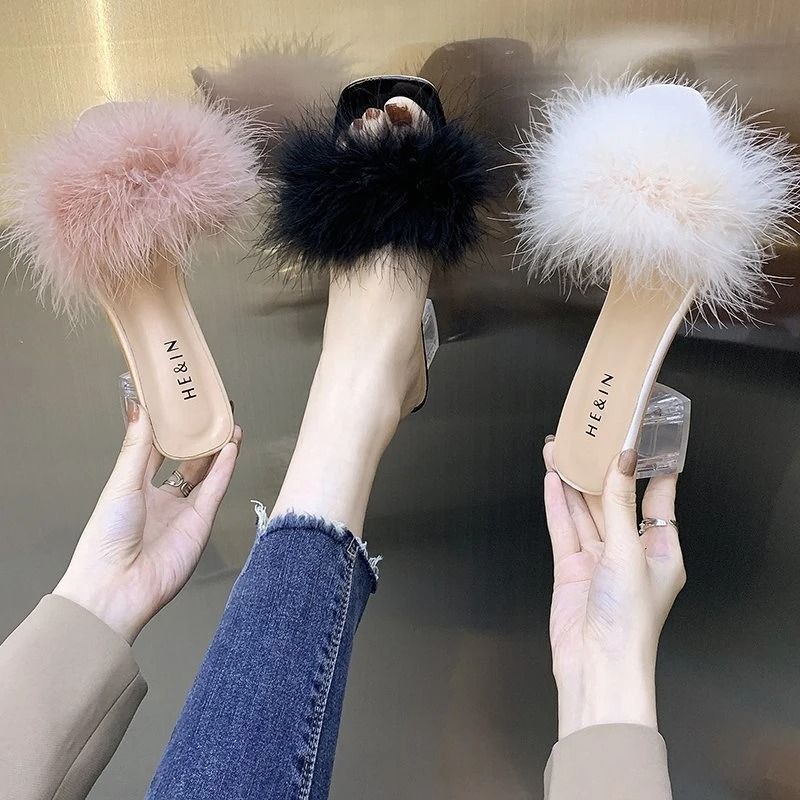 Sexy Faux Fox Fur Square Toe Pumps Elegant Chunky Heel Summer Slippers 4