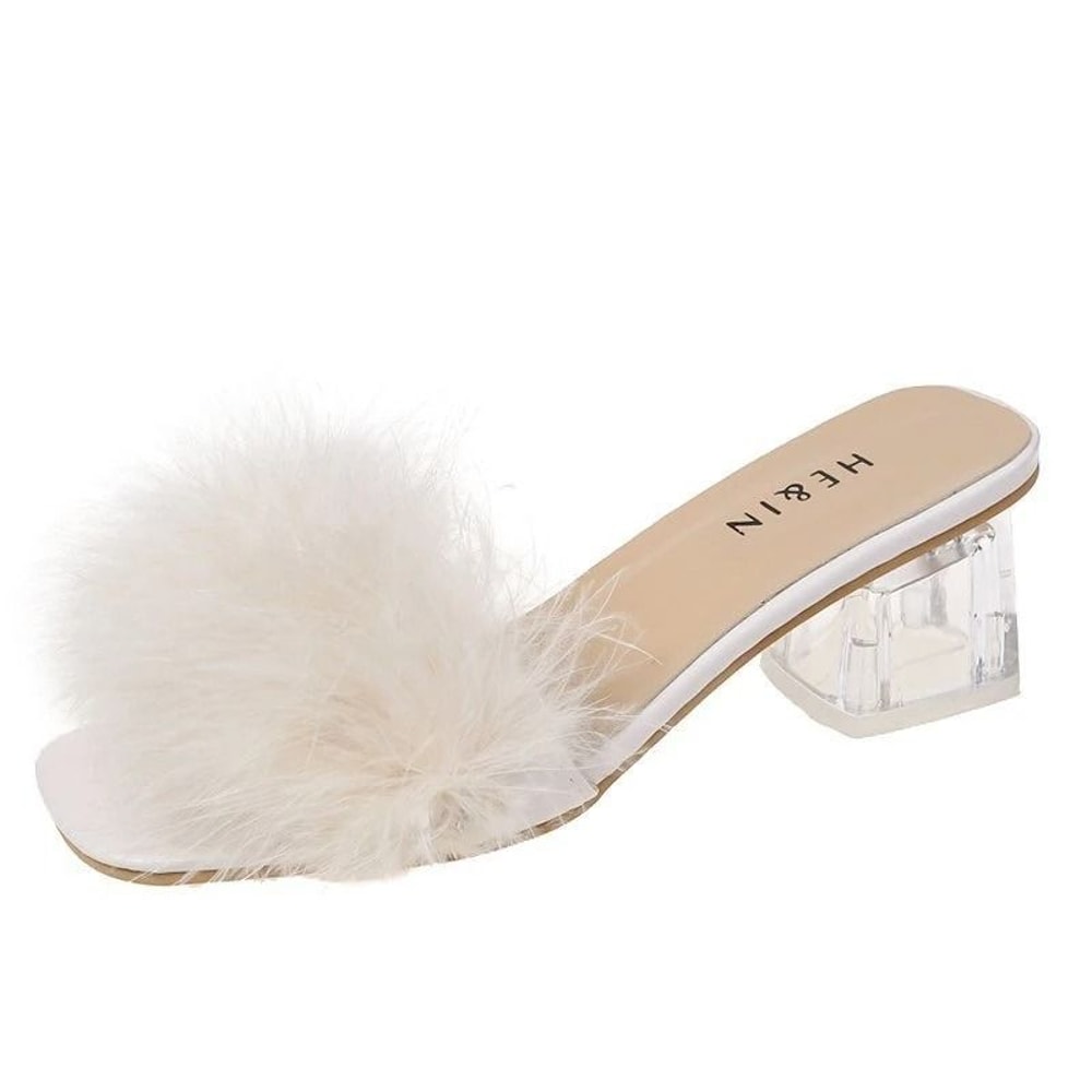 Sexy Faux Fox Fur Square Toe Pumps Elegant Chunky Heel Summer Slippers 6