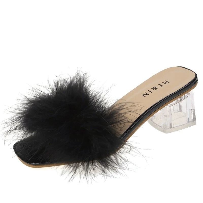 Sexy Faux Fox Fur Square Toe Pumps Elegant Chunky Heel Summer Slippers 7