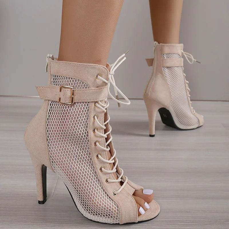 Fashion Show Mesh LaceUp Sandals Sexy Net Fabric CrossStrap High Heels 7