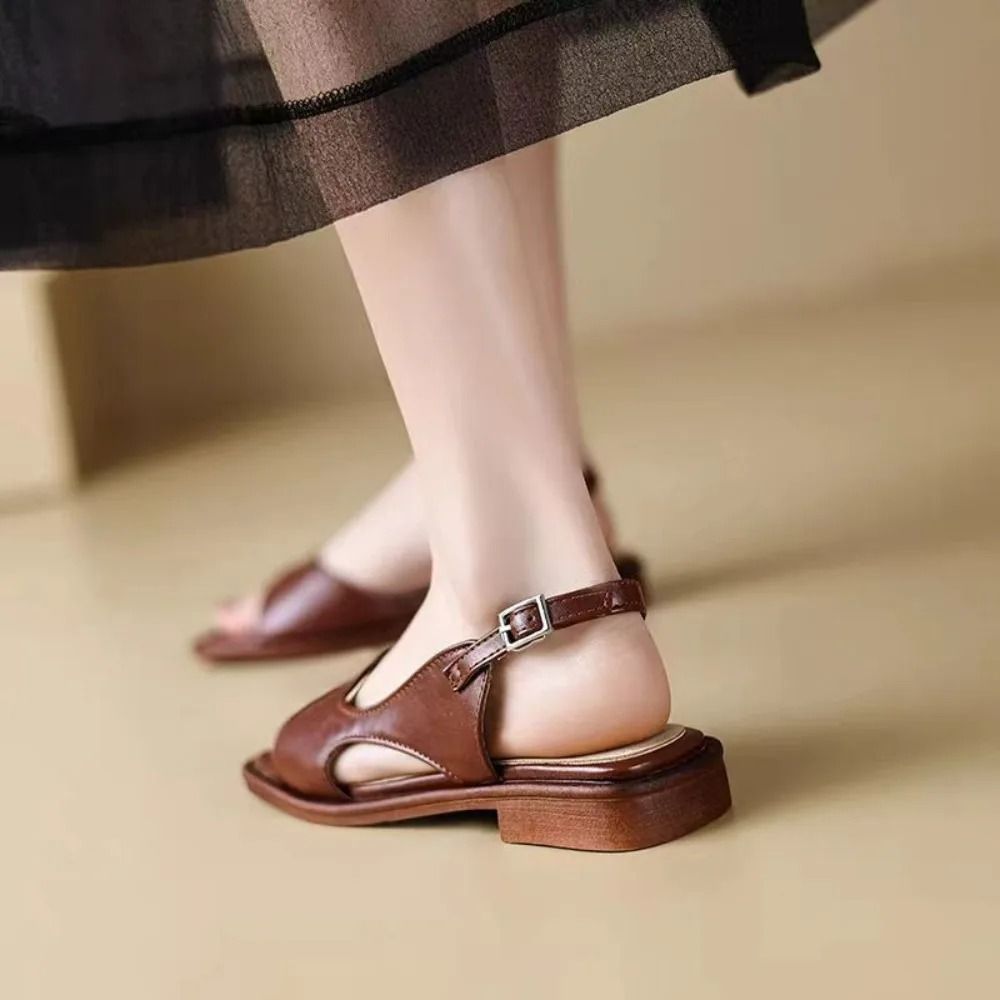 Retro SquareHead Chunky Sandals Summer Fashionable Versatile OpenToe Heels 3