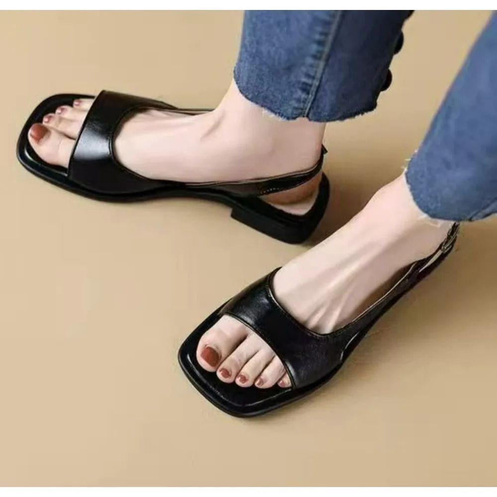 Retro SquareHead Chunky Sandals Summer Fashionable Versatile OpenToe Heels 5