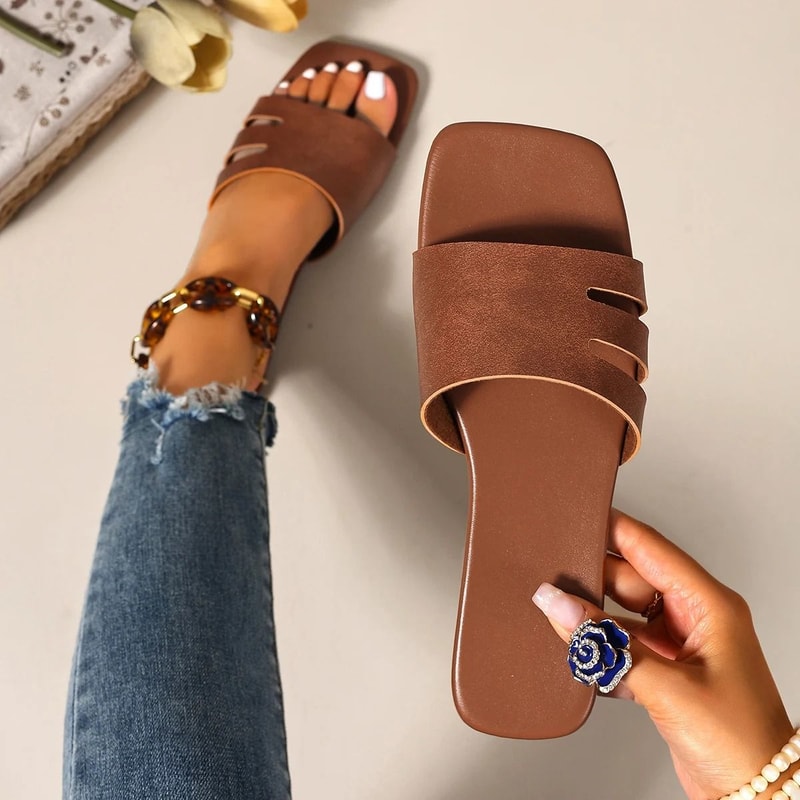 Modern SquareToe Slide Sandals Lightweight Solid Color Summer Flats 9