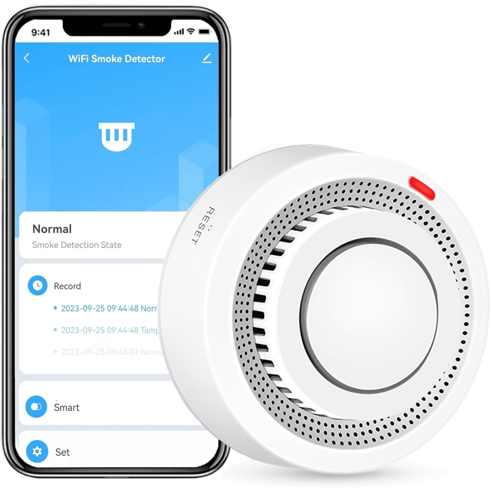 Smart smoke detector alarm displayed on clean white background showing compact design