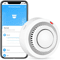 Smart smoke detector alarm displayed on clean white background showing compact design
