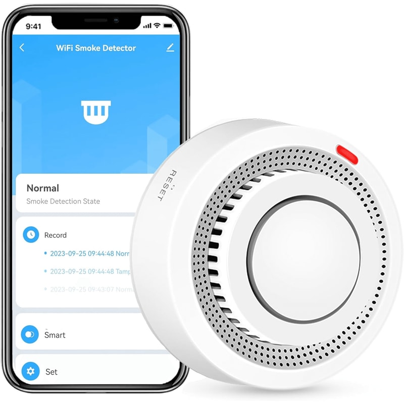 Smart smoke detector alarm displayed on clean white background showing compact design