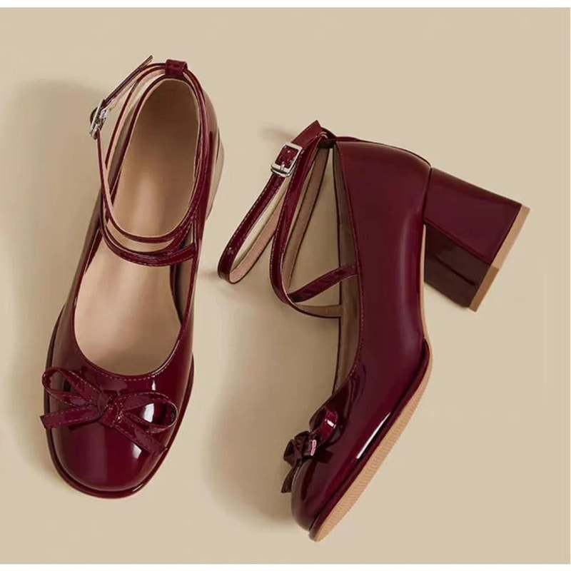 Red Lolita Mary Janes Elegant Thick HighHeel SquareToe Pumps 7