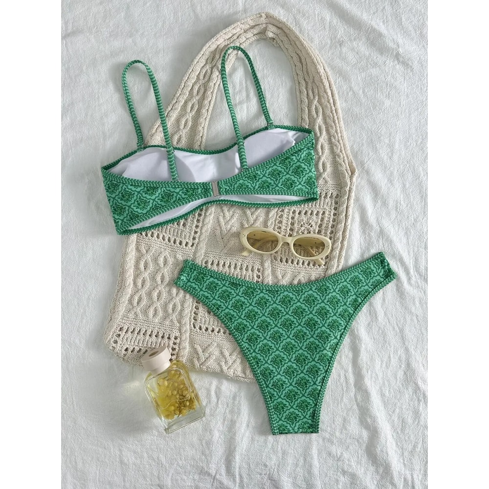 Green Floral Pleated Bandeau Bikini PushUp Padded Thong Swimwear 1