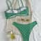 Green Floral Pleated Bandeau Bikini PushUp Padded Thong Swimwear 1