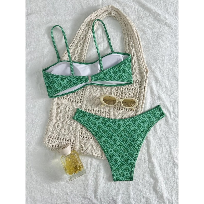 Green Floral Pleated Bandeau Bikini PushUp Padded Thong Swimwear 1