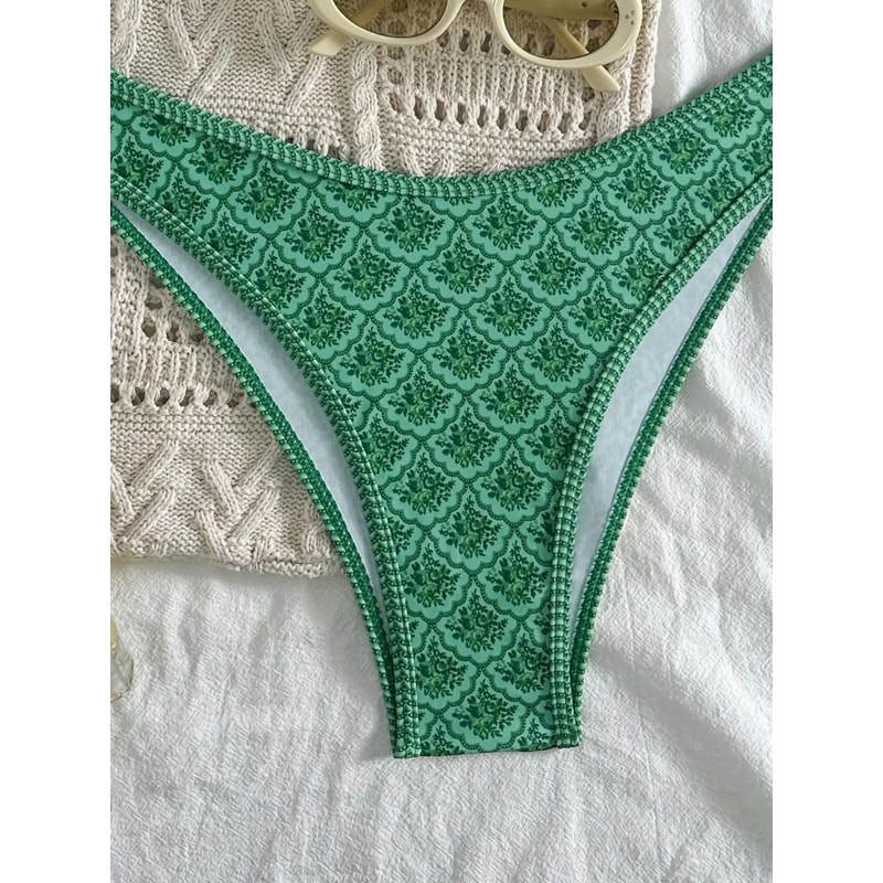Green Floral Pleated Bandeau Bikini PushUp Padded Thong Swimwear 3