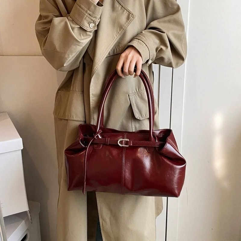 Oil PU Leather LargeCapacity Tote Fashionable Multifunctional Underarm Shoulder Bag 9