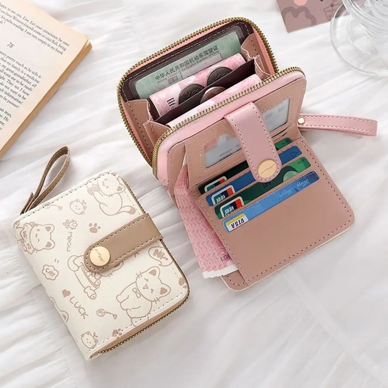 Cute Printed Cat Mini Wallet Fashionable PU Leather Coin Purse ID Card Holder 1