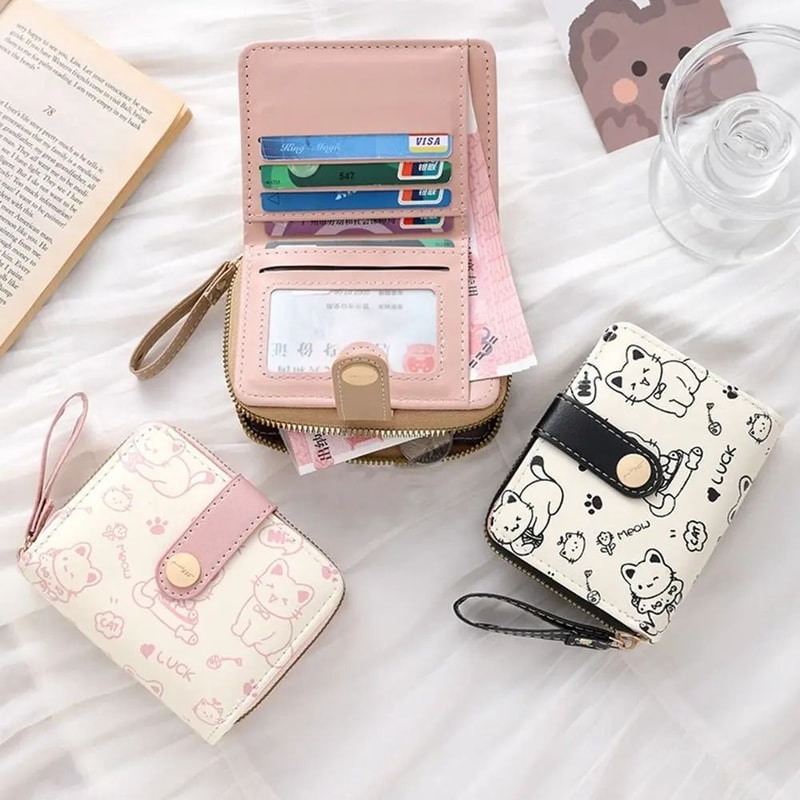 Cute Printed Cat Mini Wallet Fashionable PU Leather Coin Purse ID Card Holder 2