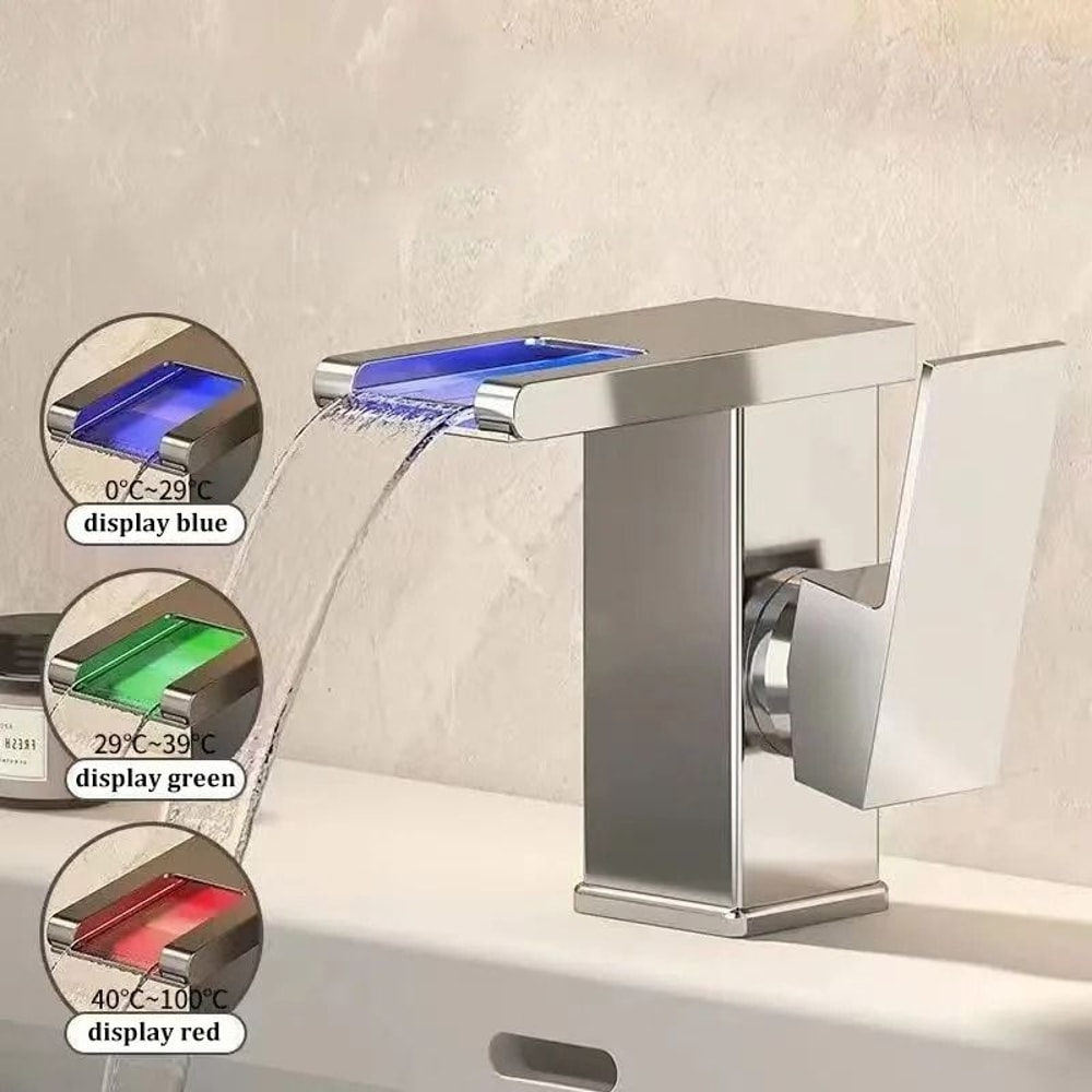 AllCopper LED Waterfall Faucet Luminous Basin Mixer For Modern Bathrooms 0
