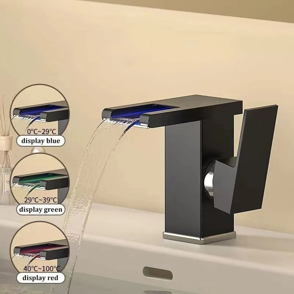 AllCopper LED Waterfall Faucet Luminous Basin Mixer For Modern Bathrooms 9