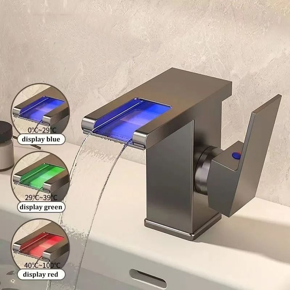 AllCopper LED Waterfall Faucet Luminous Basin Mixer For Modern Bathrooms 7
